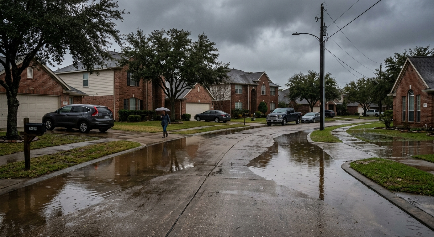 Aerial view of a Texas residential neighborhood with floodwater surrounding homes after a heavy rainstorm