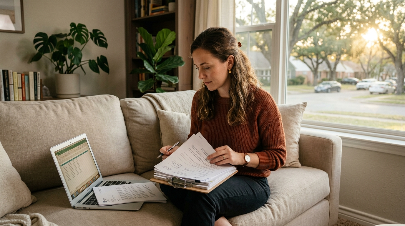 Young woman reviewing paperwork on a cozy apartment sofa with afternoon light through a window
