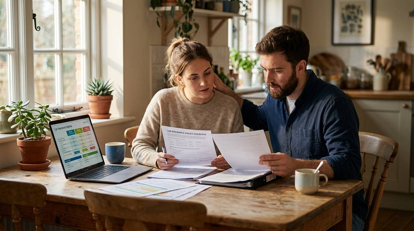 Couple reviewing car insurance paperwork at a kitchen table with a laptop