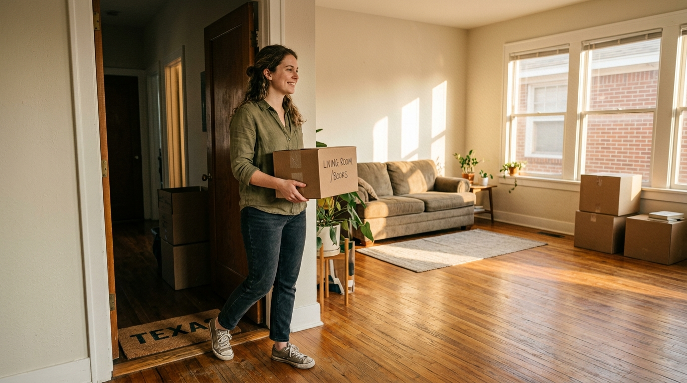 Young woman carrying a moving box into a sunlit Texas apartment with wooden floors