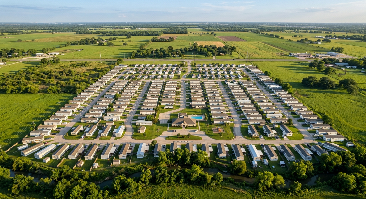 Manufactured home community in Harris County Texas with cloudy sky suggesting storm risk