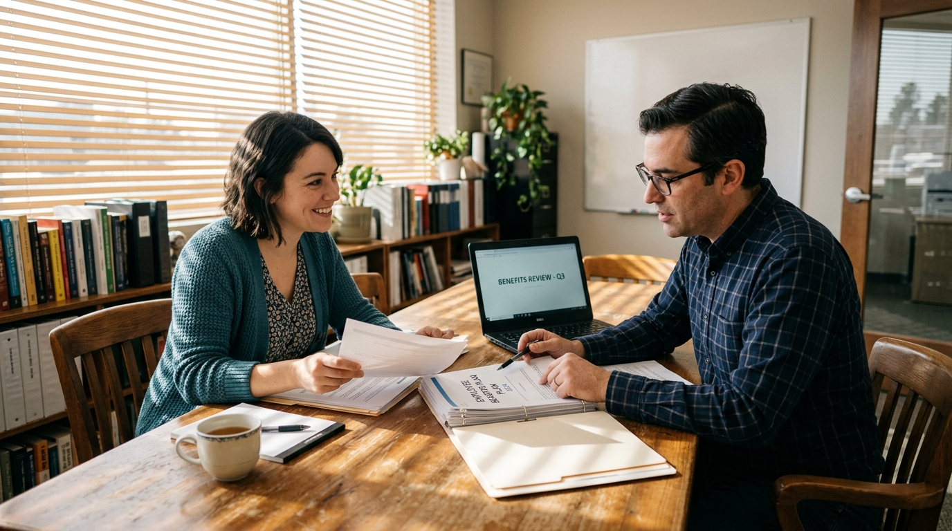 Business owner and HR manager reviewing employee benefits documents at a conference table