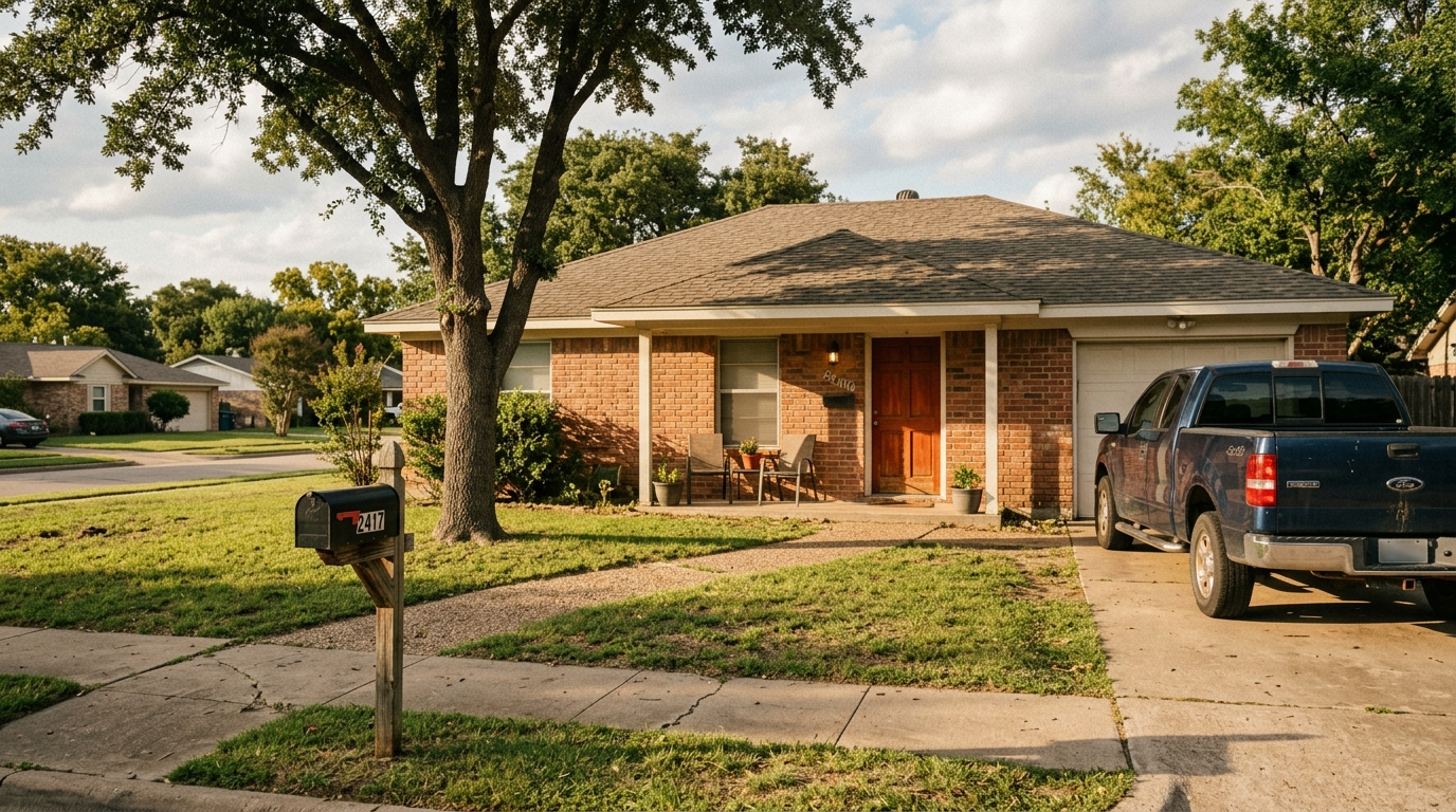 Brick rental home with a porch and pickup truck in a Texas suburban neighborhood
