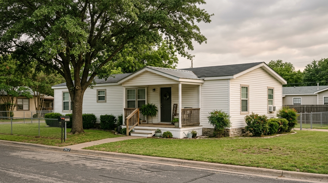 Single-wide manufactured home with covered porch on a shaded Texas lot