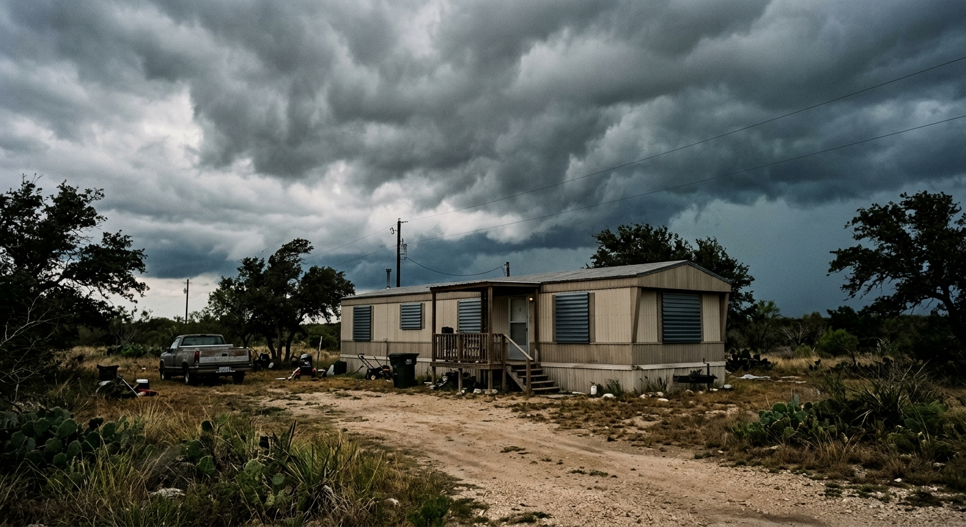 Manufactured home with a carport in a Gulf Coast Texas neighborhood under dark storm clouds approaching from the ocean