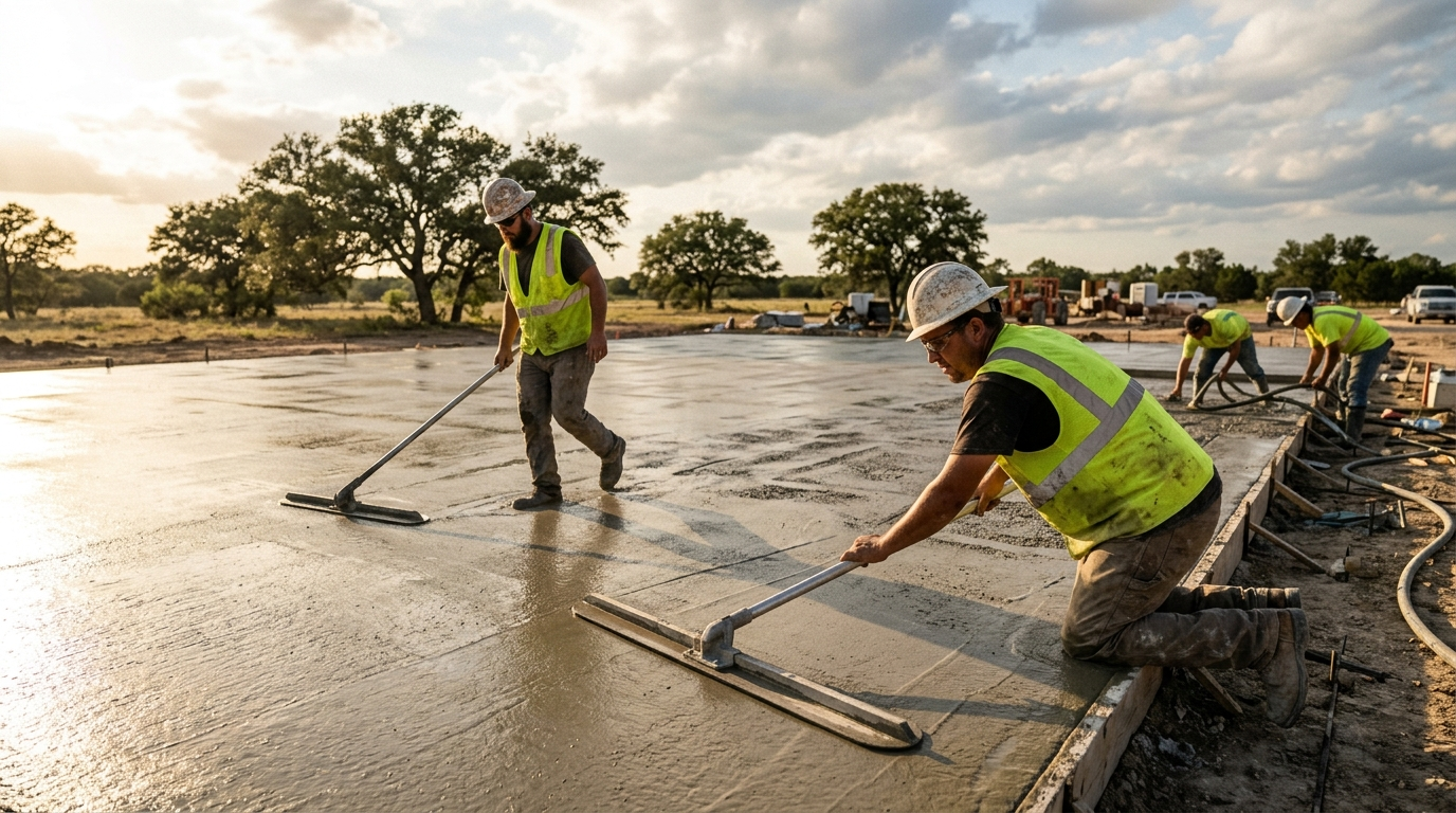 Concrete crew smoothing a freshly poured slab on a Texas job site at golden hour