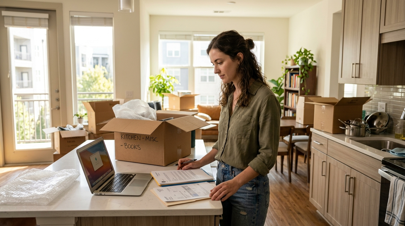 Young woman reviewing documents at kitchen counter in a sunlit apartment with moving boxes