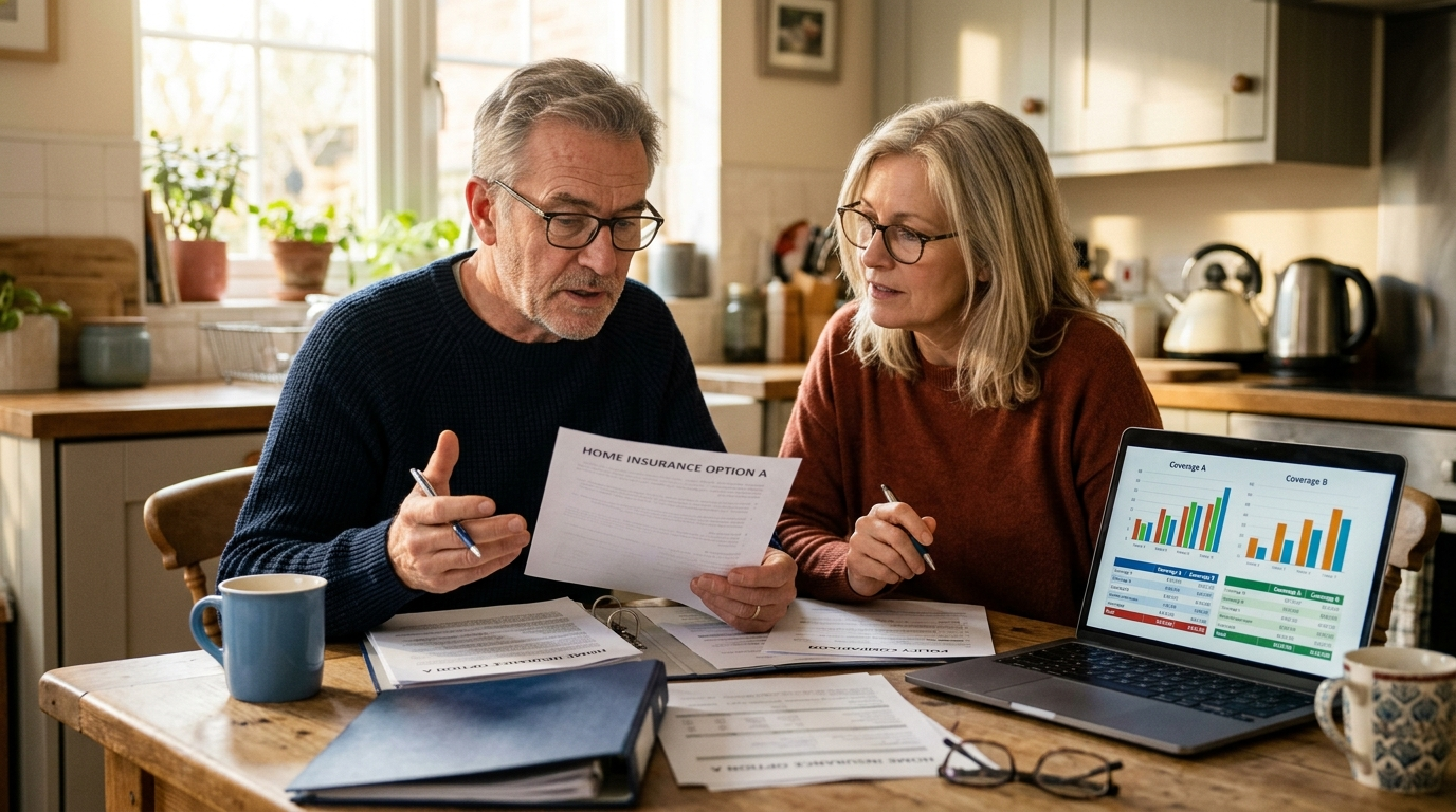 Couple reviewing insurance documents together at kitchen table with laptop and coffee