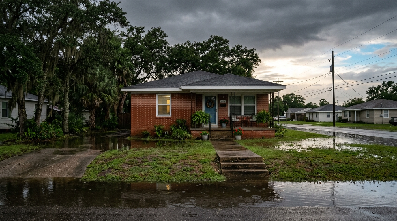 Brick home with floodwater reaching the front porch steps after a Texas rainstorm
