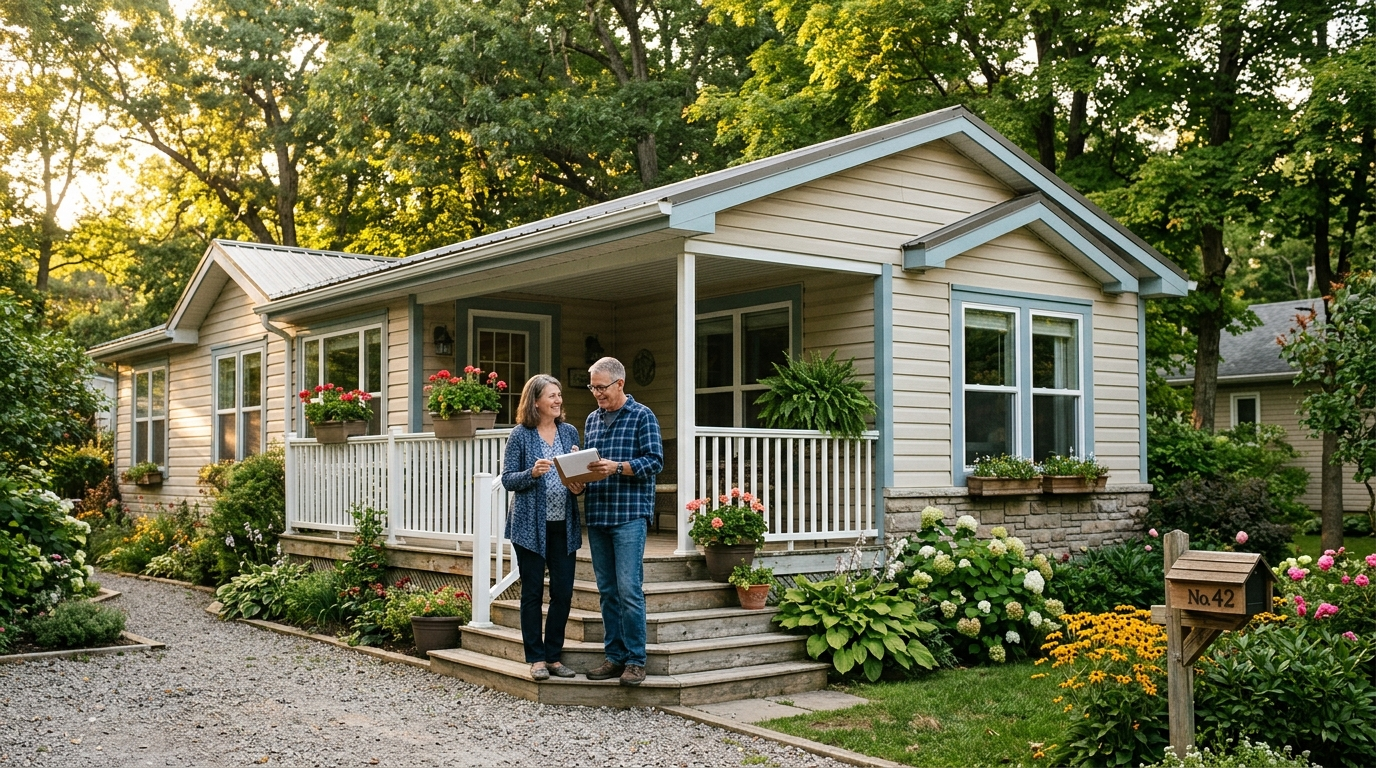 Couple reviewing paperwork near the porch of a manufactured home at golden hour