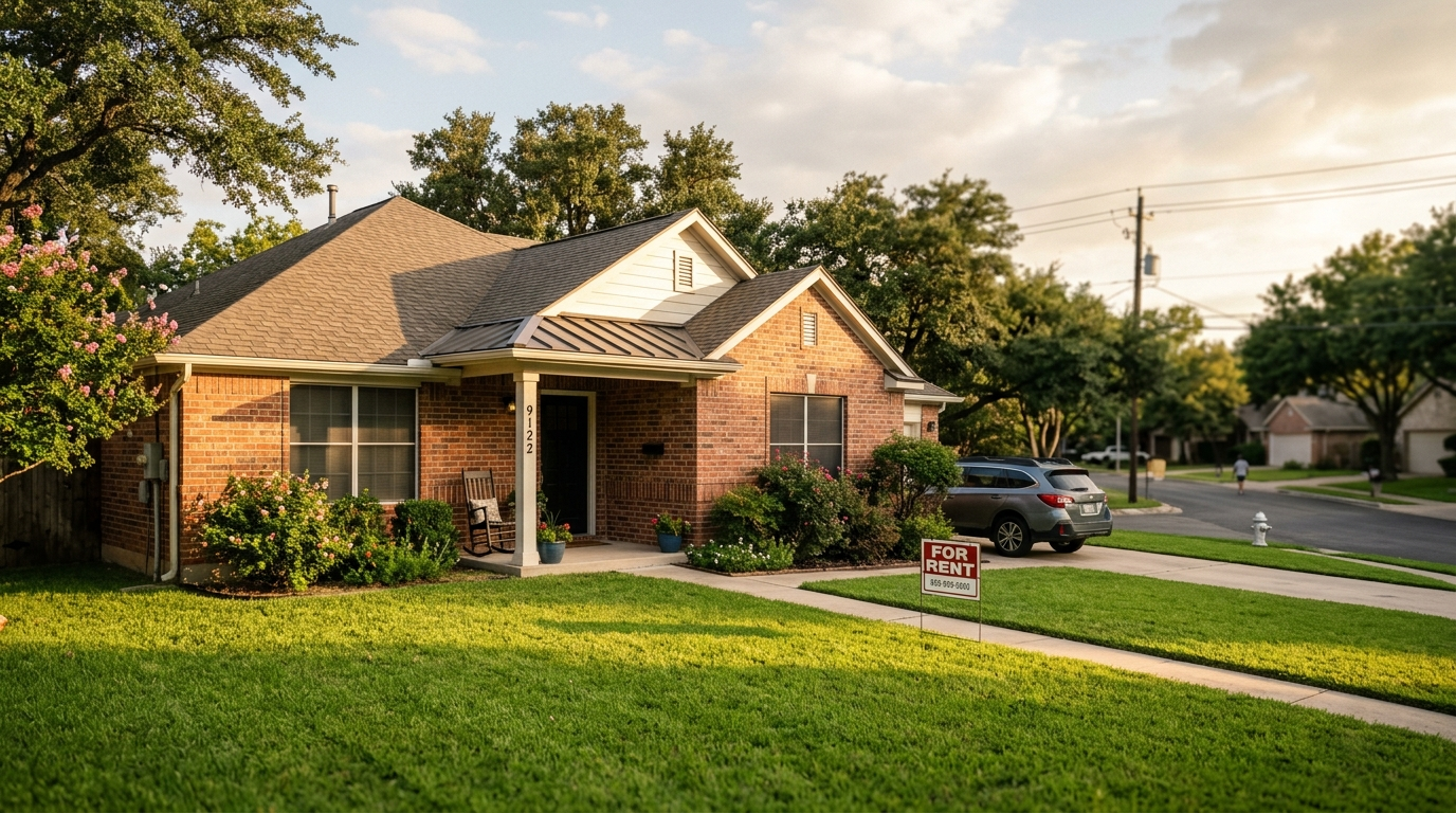 Brick rental home with covered porch on a quiet Texas suburban street at golden hour