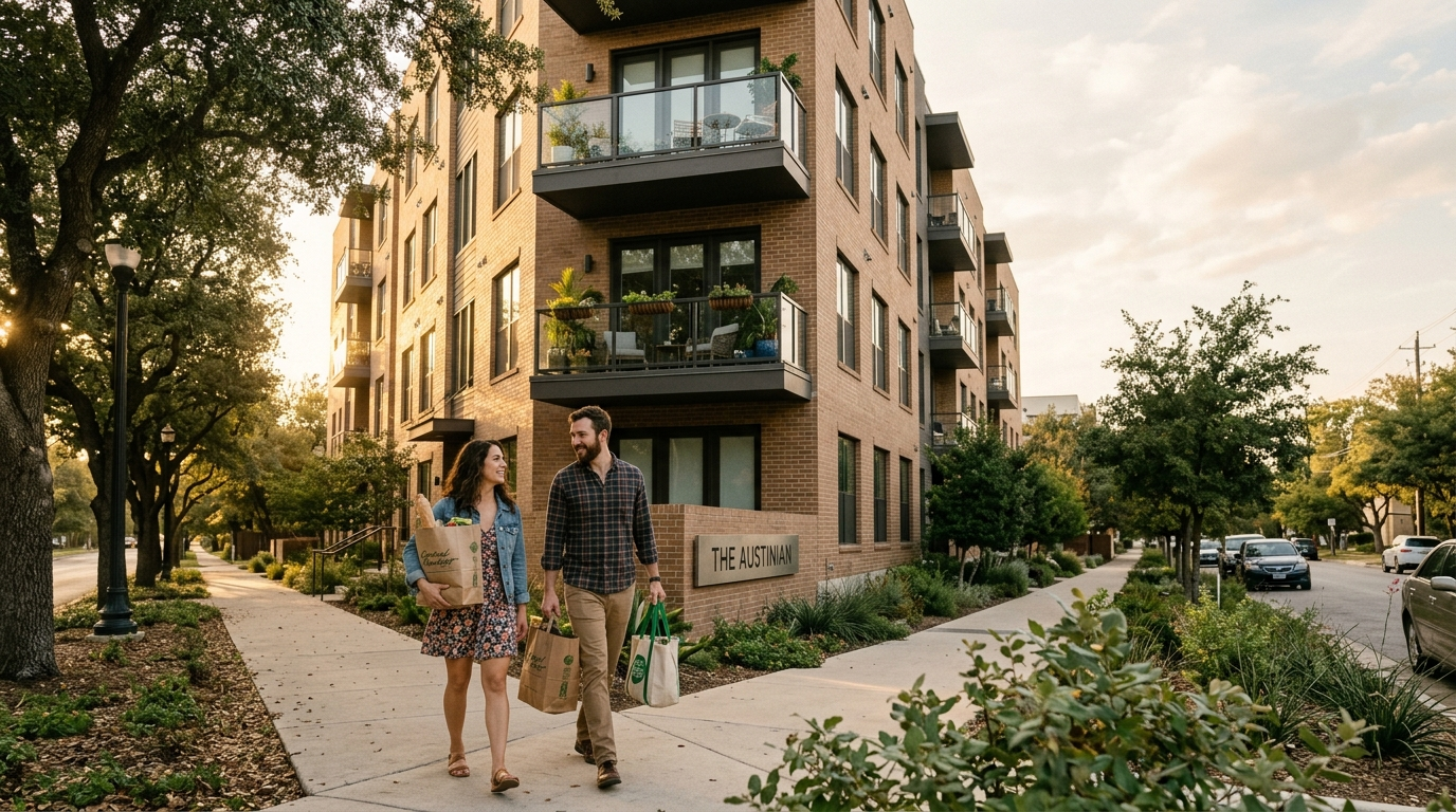 Modern Texas condo building with brick facade and balconies along a tree-lined sidewalk at golden hour