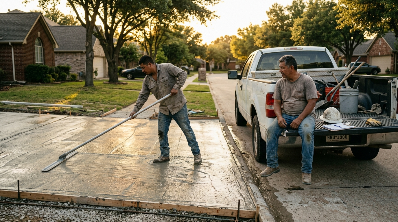 Concrete crew finishing a residential driveway pour at golden hour in a Texas neighborhood