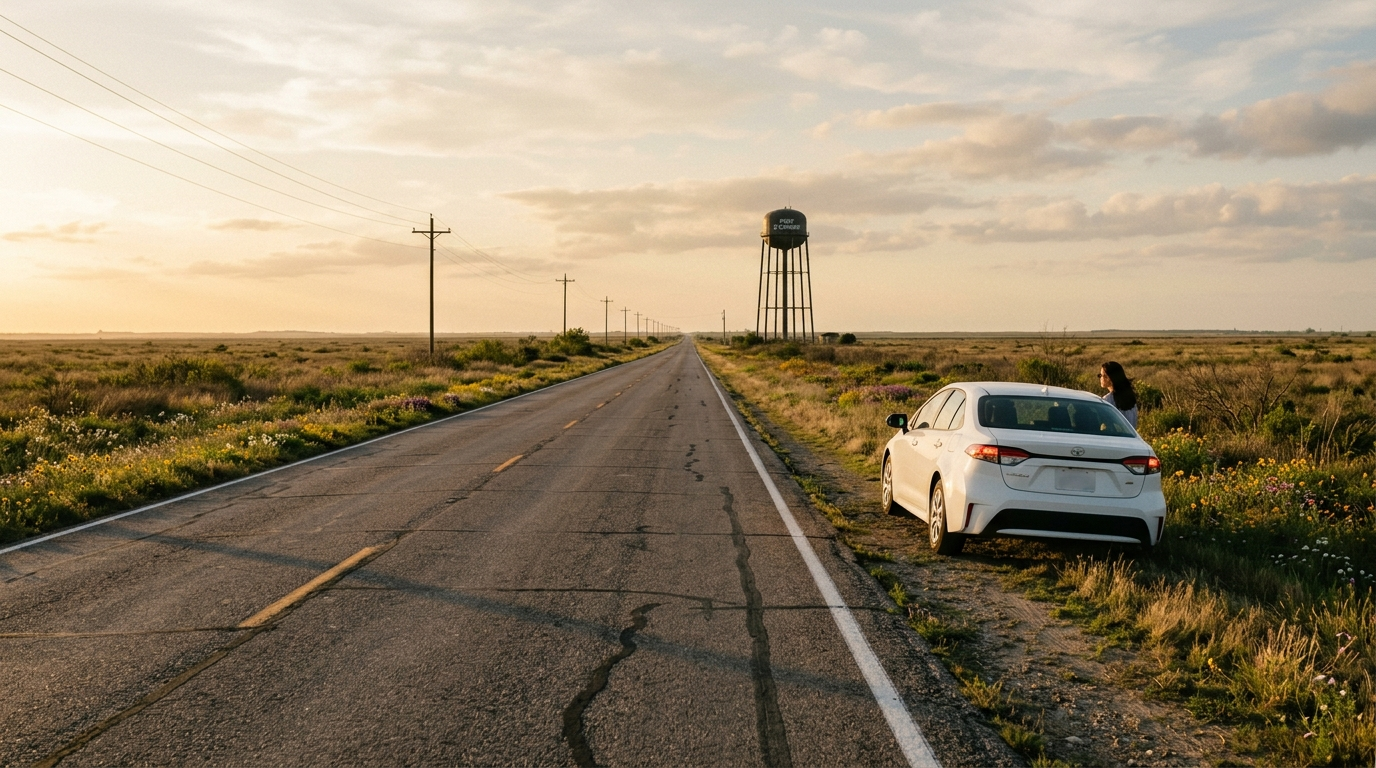 Two-lane Texas highway through coastal prairie at golden hour with a white sedan on the shoulder