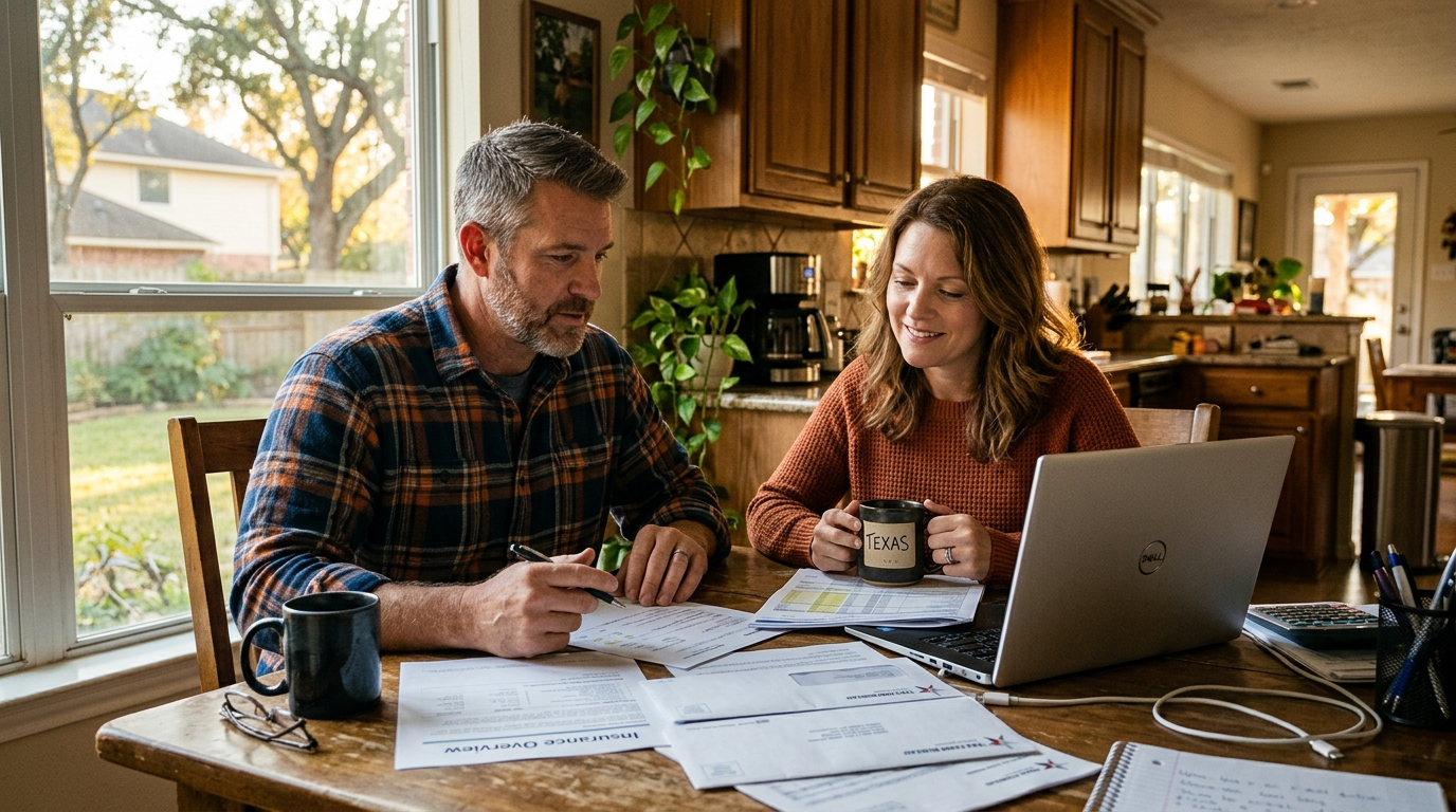 Couple at a sunlit kitchen table reviewing insurance paperwork on a laptop over coffee