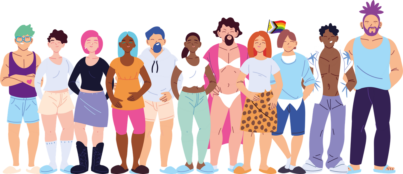 a group of people standing next to each other on a white background .