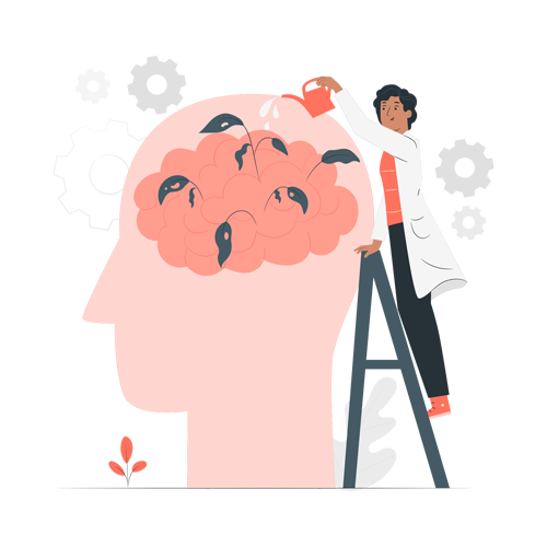 A person standing on a ladder watering a brain with leaves.