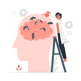 A person standing on a ladder watering a brain with leaves.