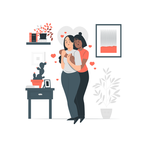 A couple are hugging each other in a living room.