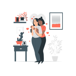 A couple are hugging each other in a living room.