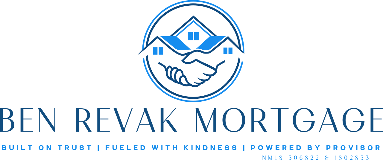 Logo of Ben Revak Mortgage. It depicts a house and handshake within a blue circle.