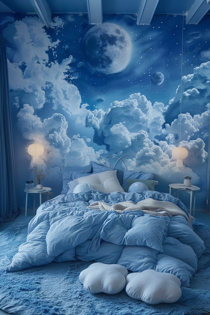 A bedroom with a bed and a wall mural of a moon and clouds.