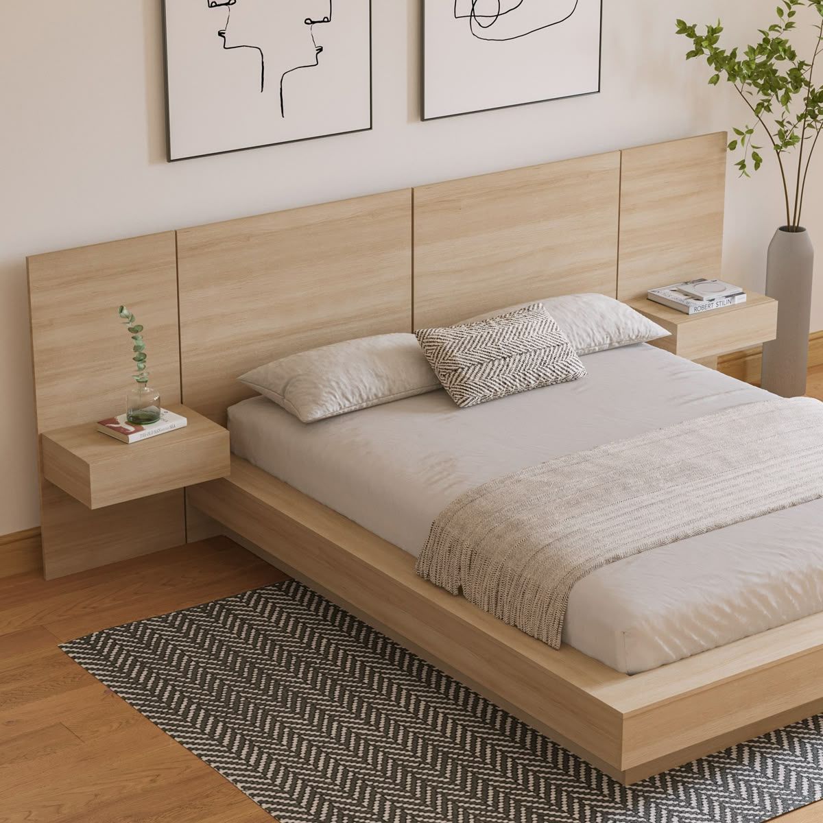 A bed with a wooden headboard and two nightstands in a bedroom
