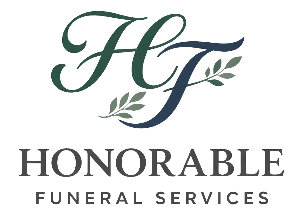 Logo for Honorable Funeral Services featuring the initials "HJ" in dark green and blue script with small leaf accents.