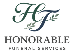 Logo for Honorable Funeral Services featuring the initials "HJ" in dark green and blue script with small leaf accents.
