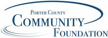 The logo for the porter county community foundation is blue and white.