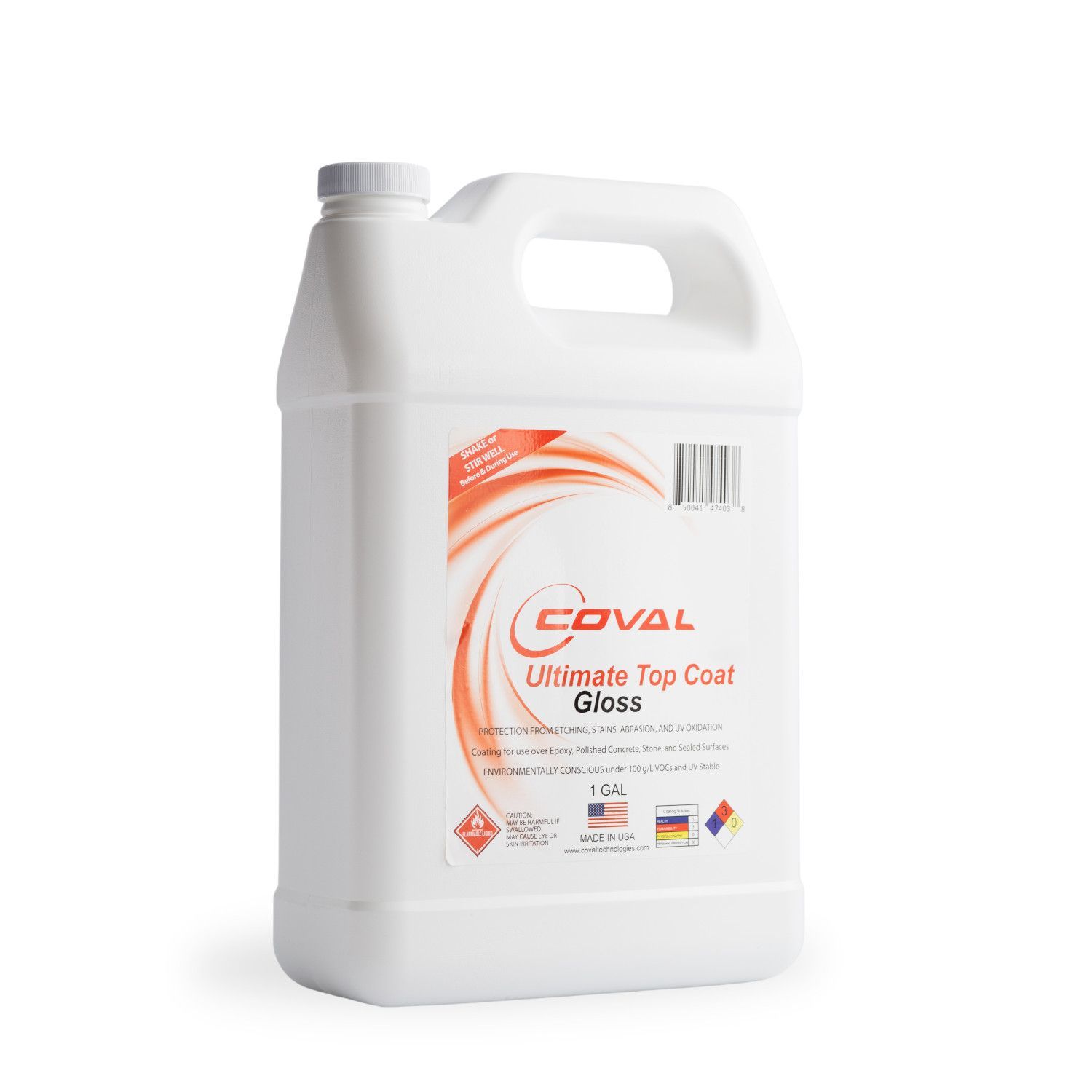 A gallon of coval ultimate top coat gloss on a white background.