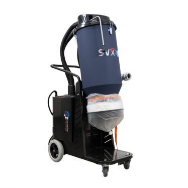 A vacuum cleaner with a blue bag that says svx on it