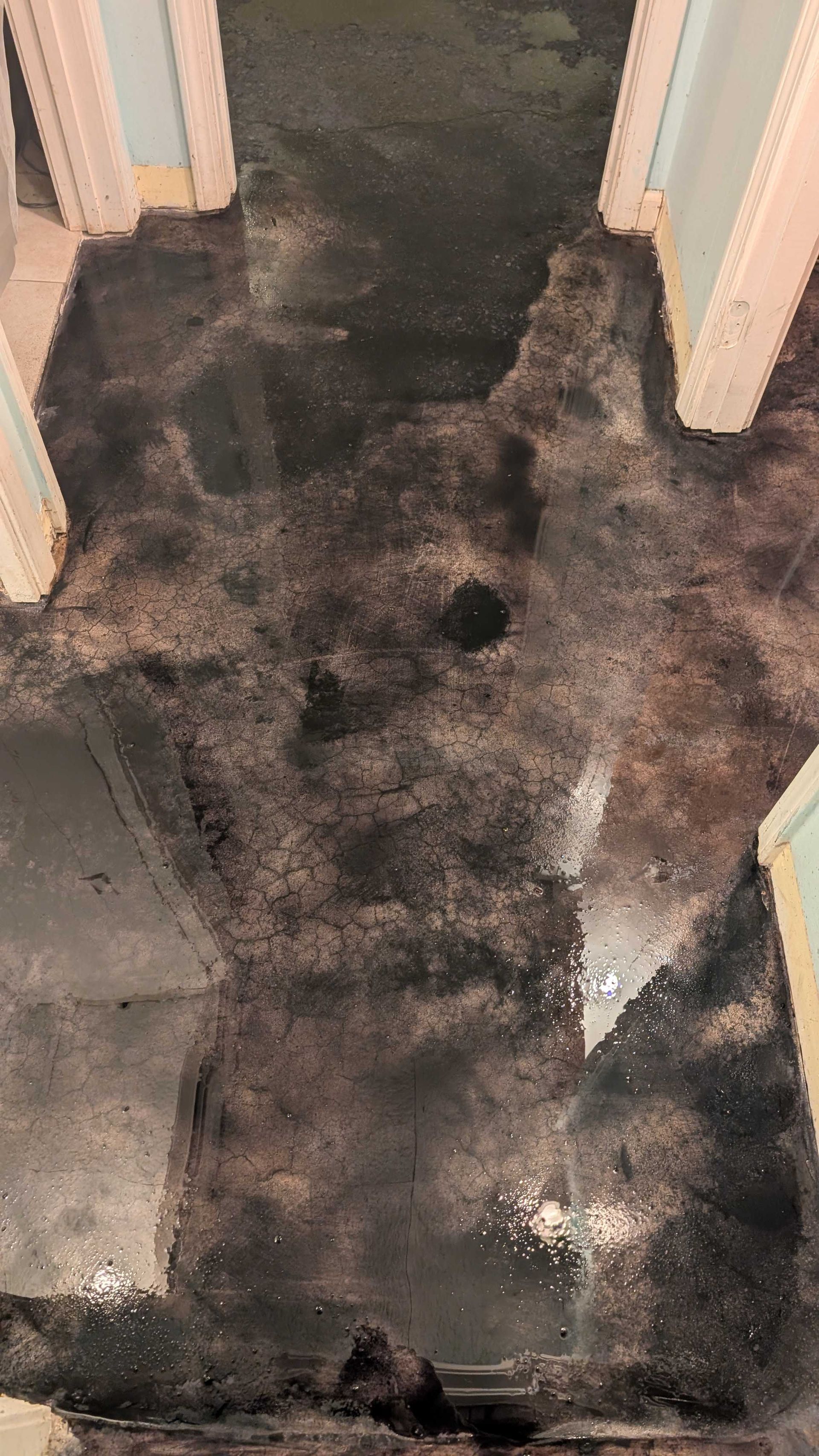 A flooded room with a lot of water coming out of the ceiling.