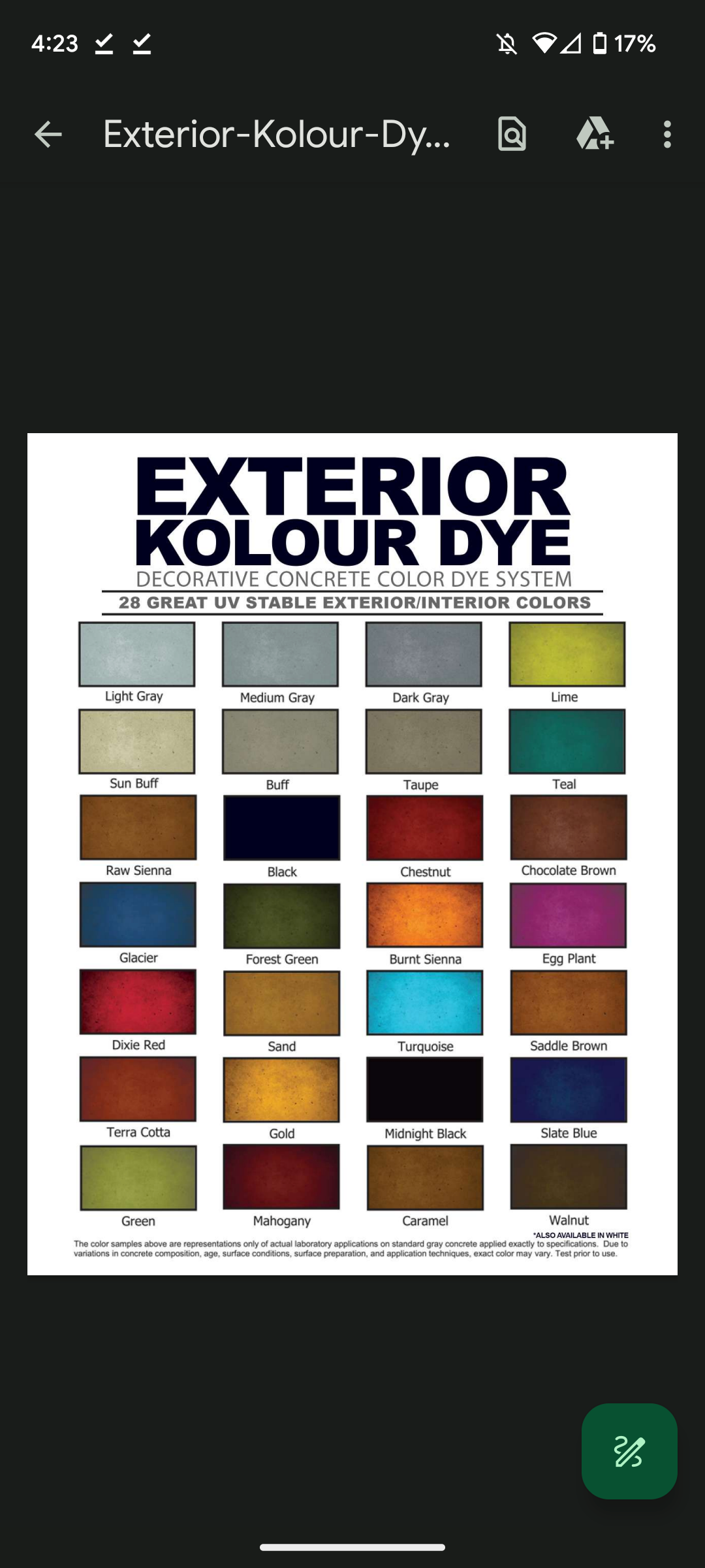 A phone screen shows a color chart for exterior colour dye.