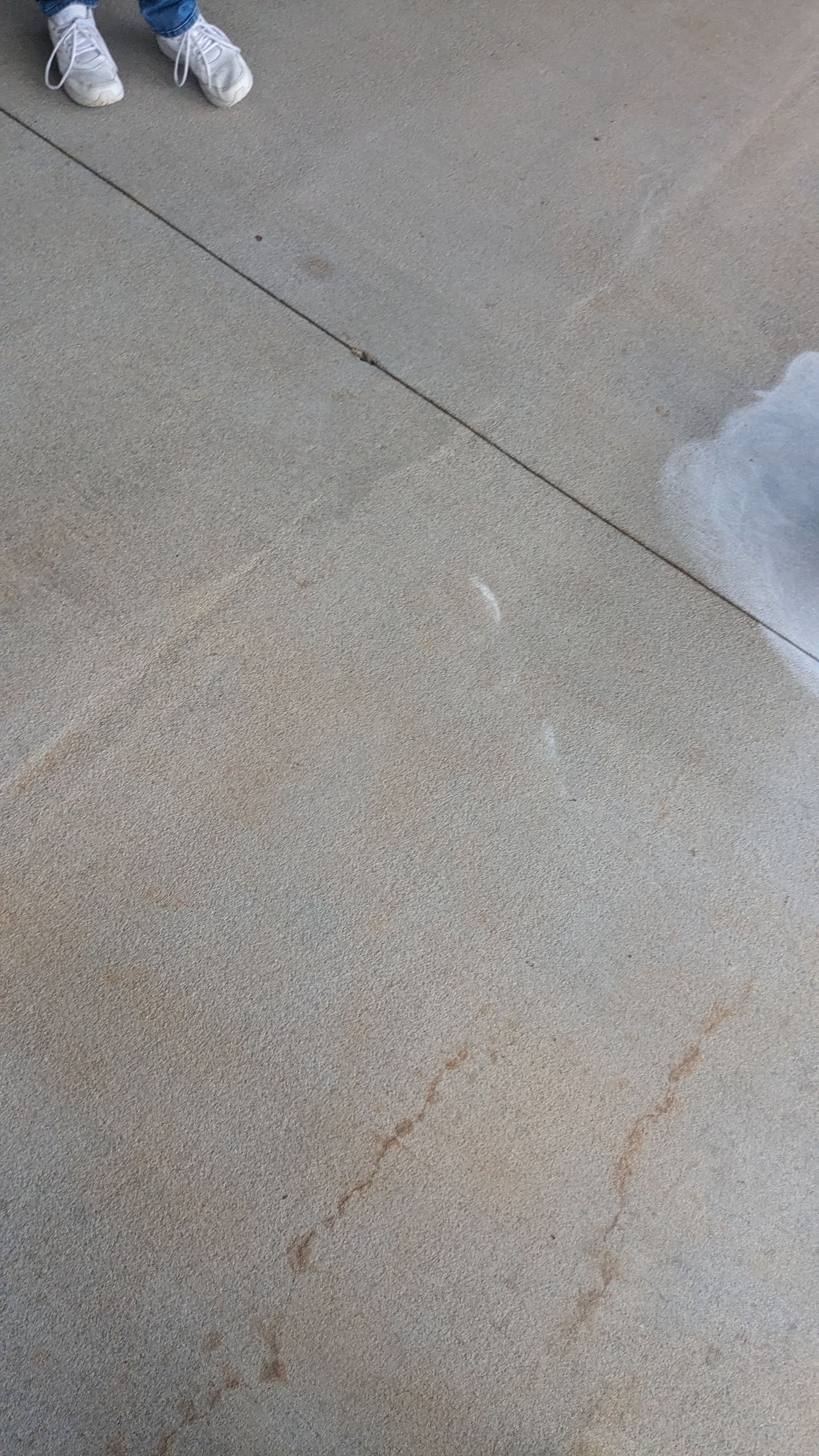 A person is standing on a concrete floor wearing white sneakers.
