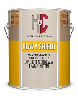 A can of heavy shield water based solid color concrete and driveway enamel / stain