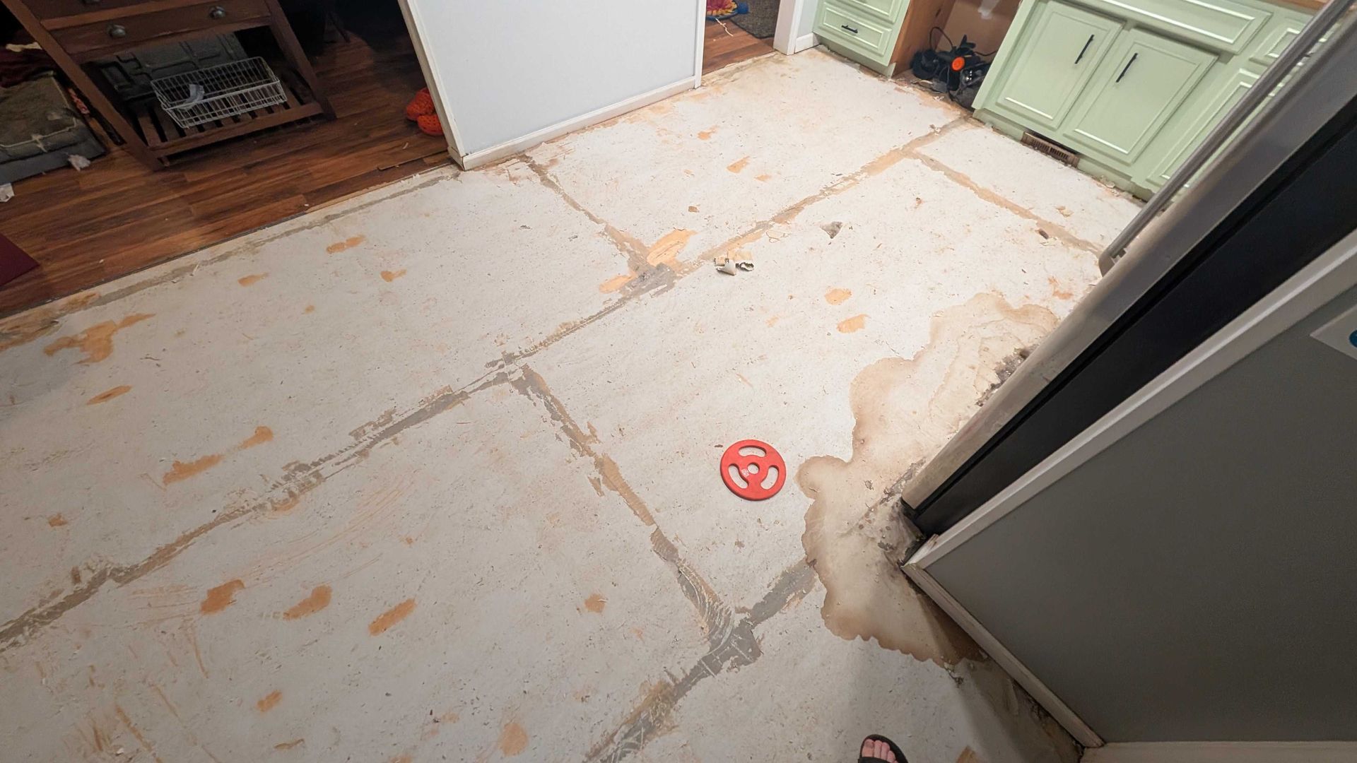 A dirty kitchen floor with a red circle on it.