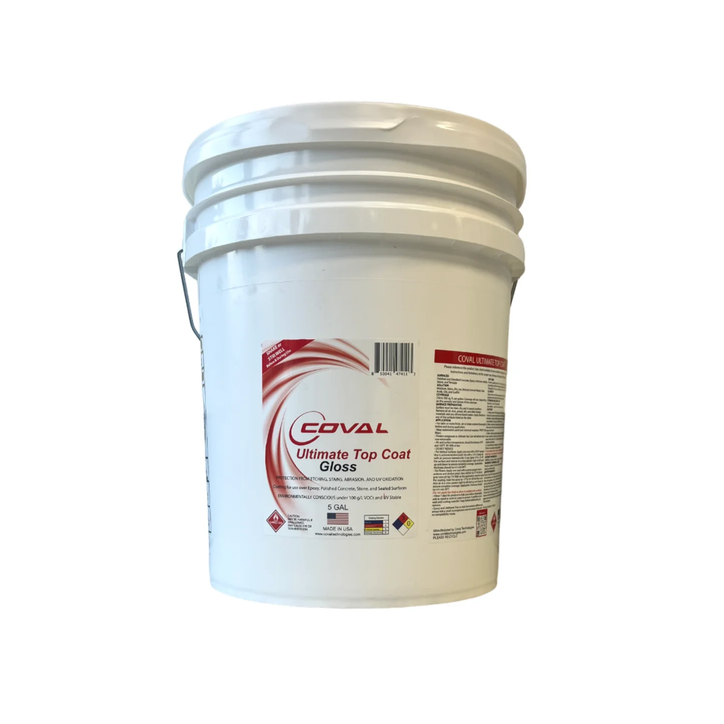 A white bucket with a red label that says ultimate top coat