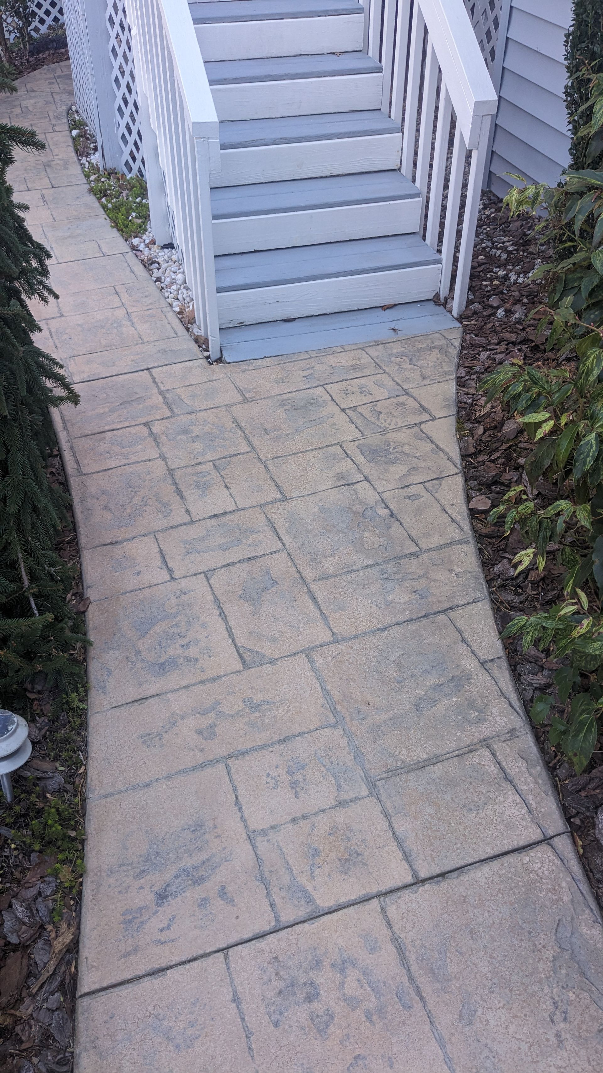 A sidewalk with stairs leading up to a house.
