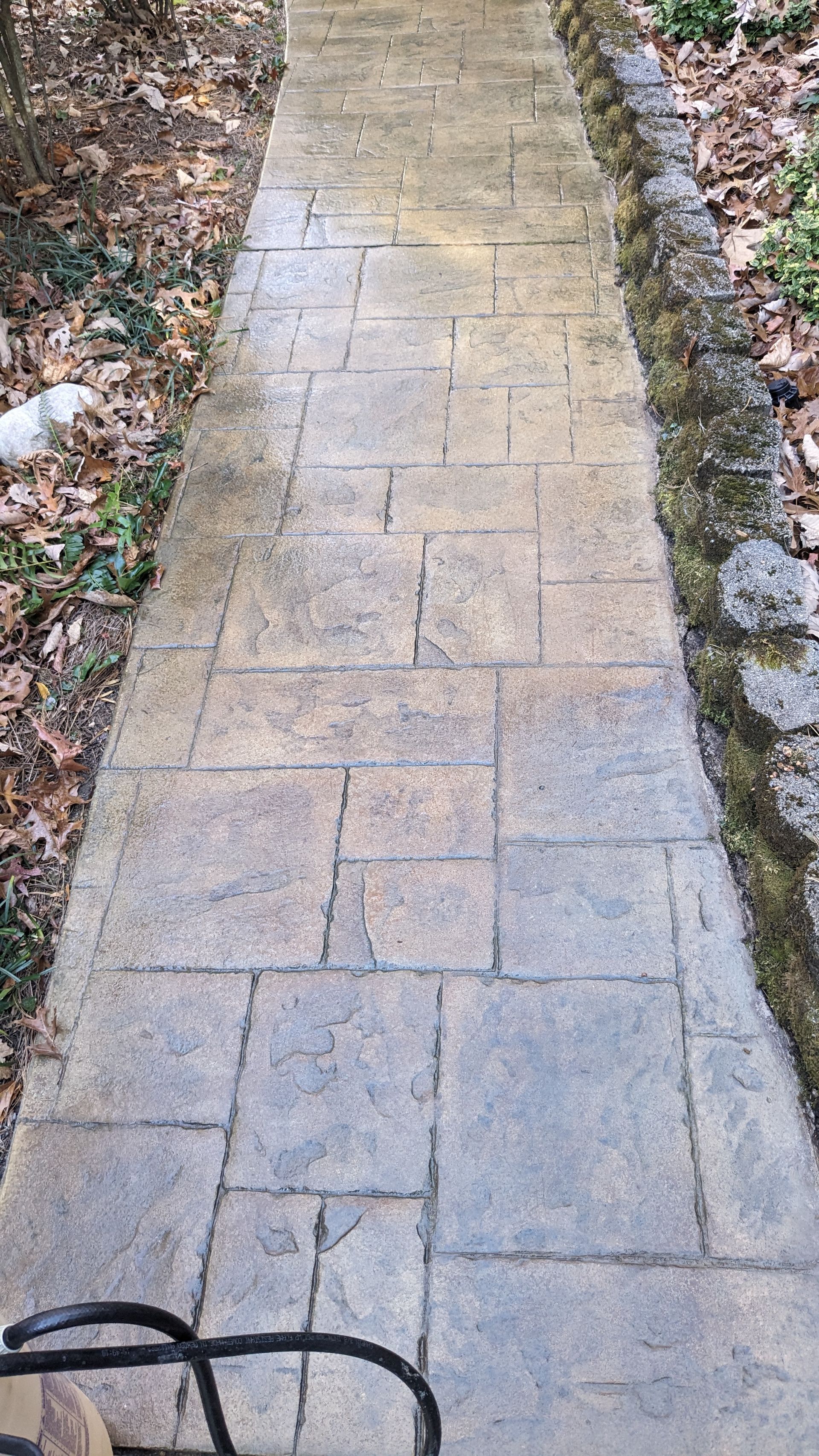 A brick walkway going through a forest with leaves on the ground.