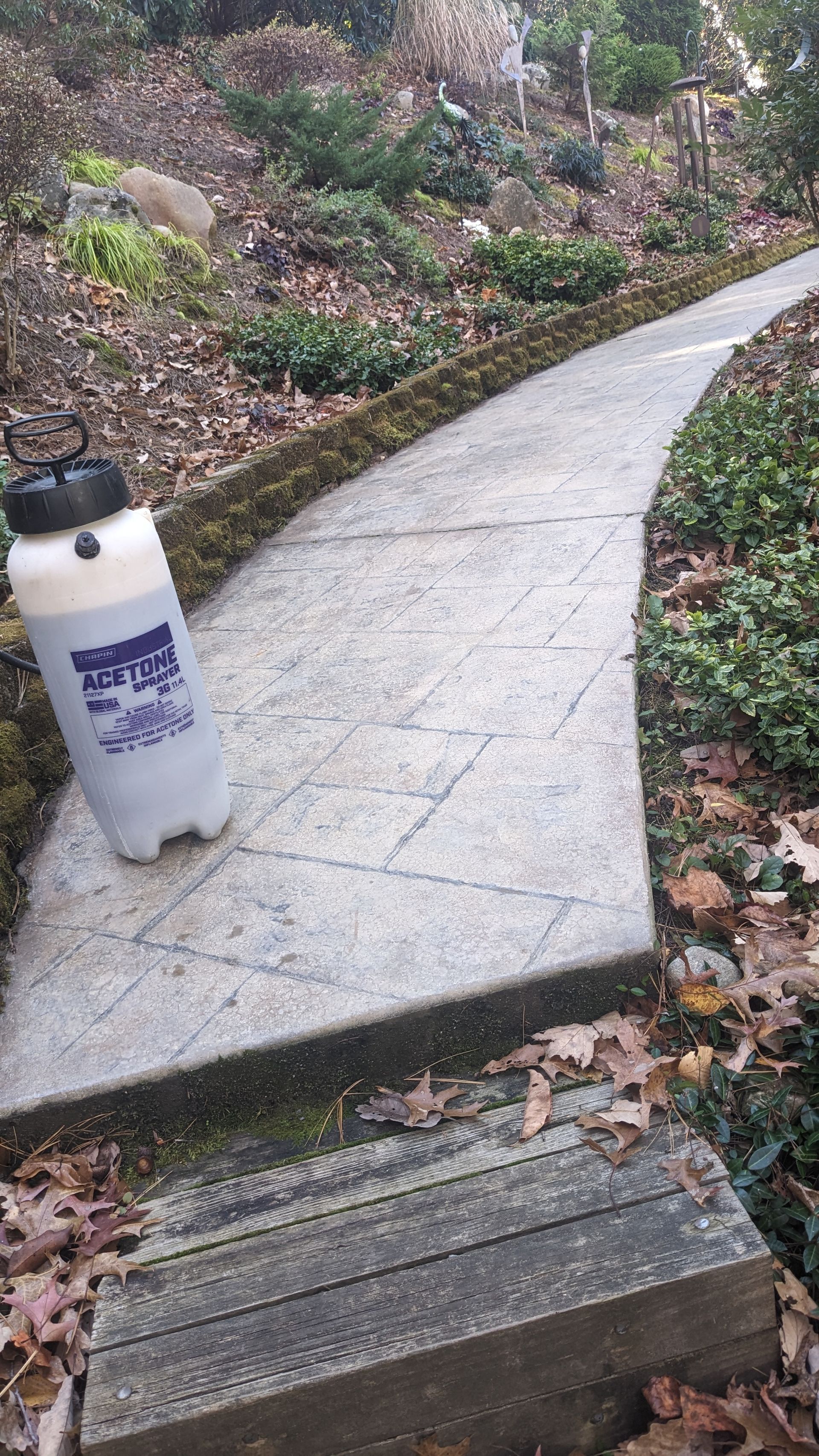 A spray bottle is sitting on the side of a walkway.
