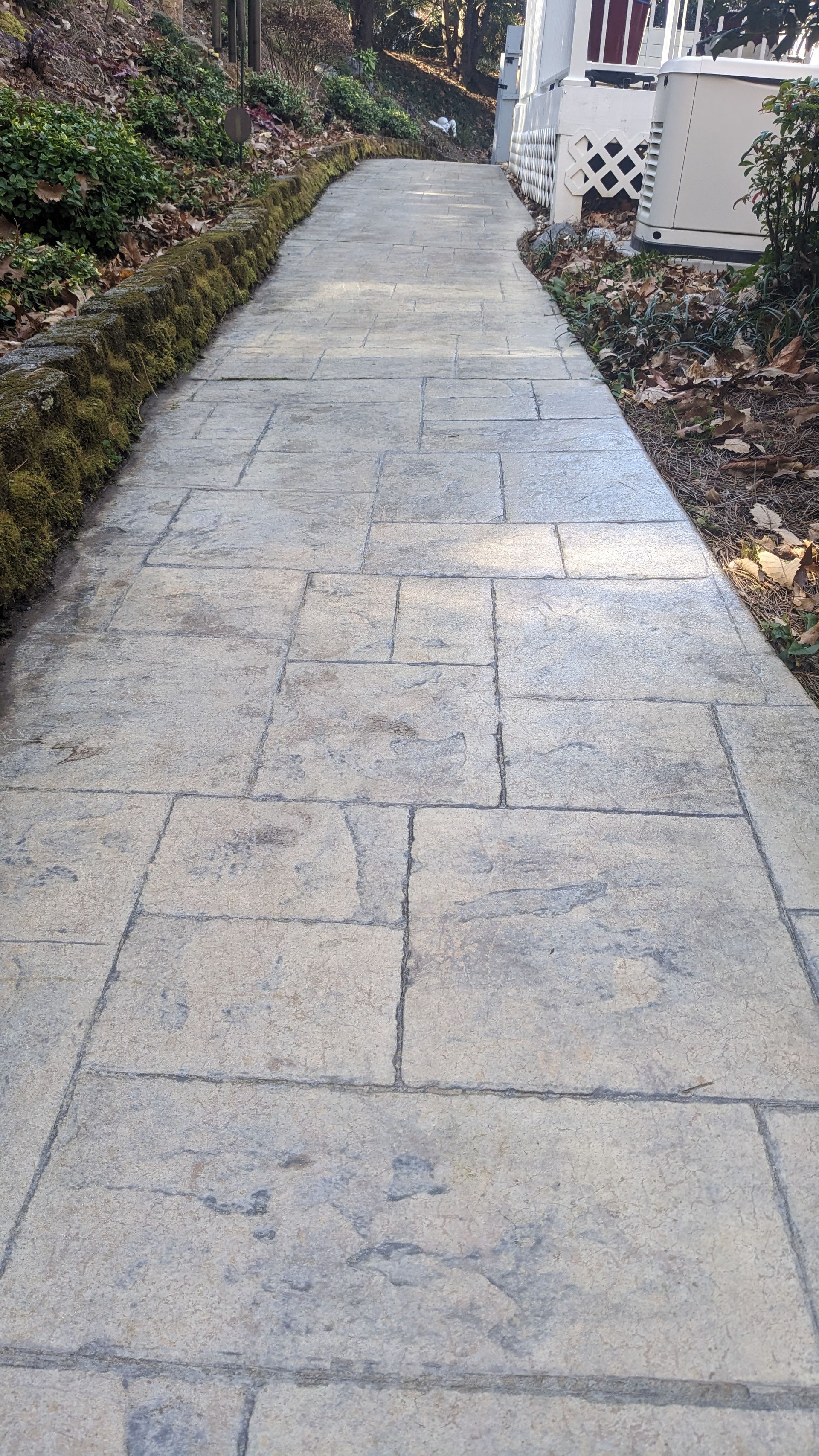 A concrete walkway leading to a house with a white porch.