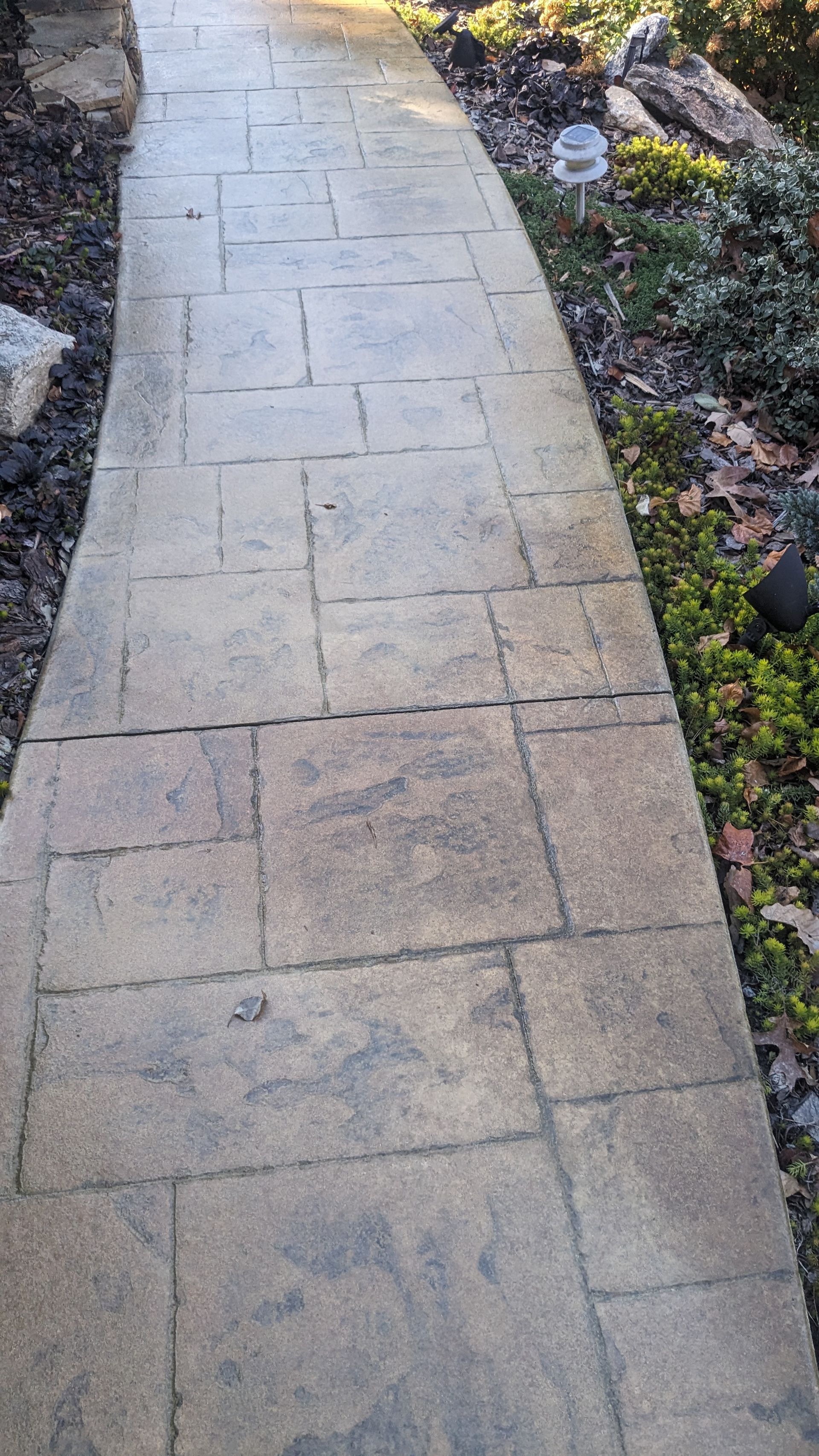 A brick walkway leading to a garden surrounded by plants and rocks.