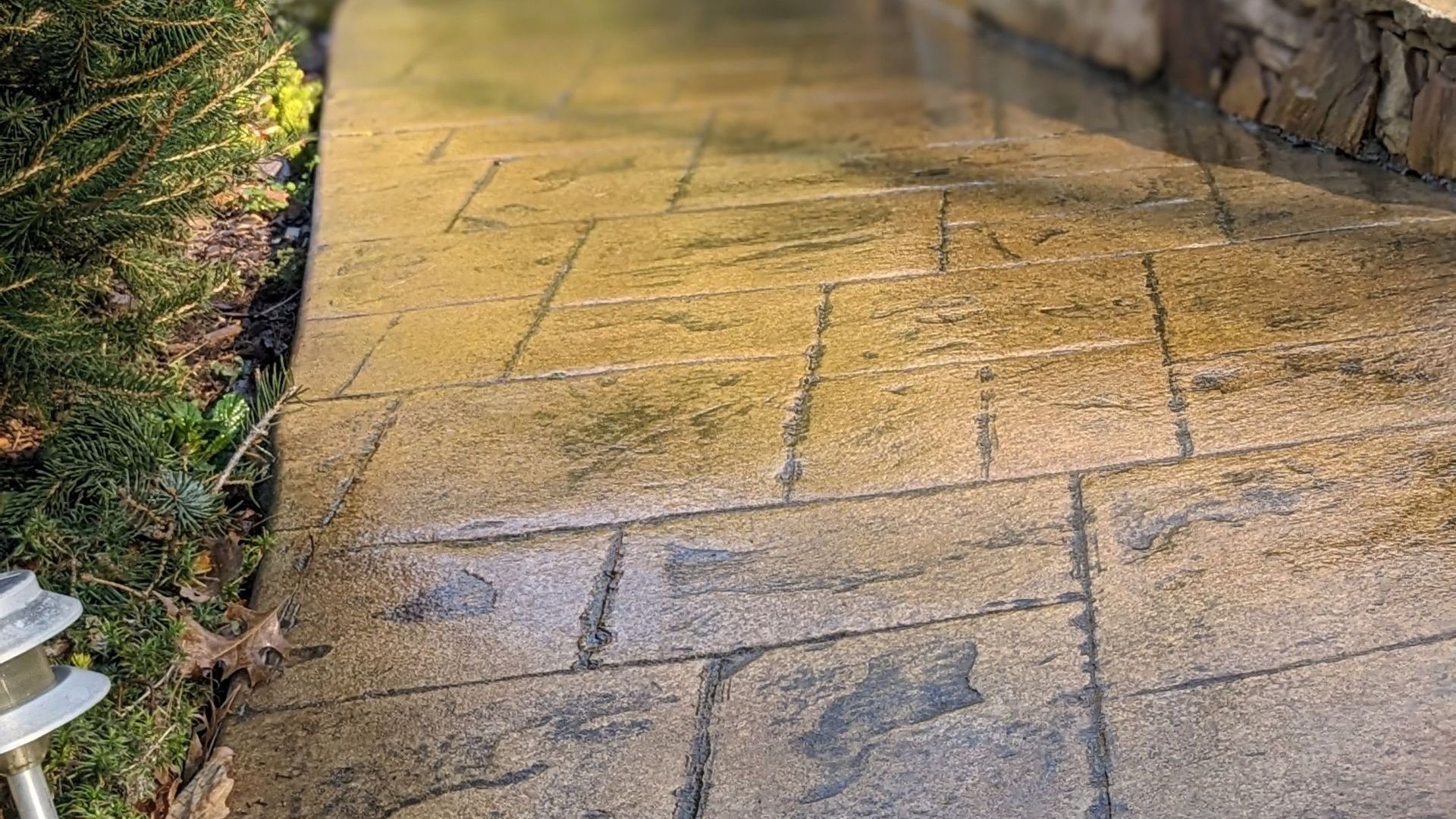Stamped and sealed decorative concrete walkway with natural stone texture beside a garden bed and st