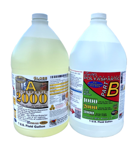 Two gallons of liquid are sitting next to each other on a white background.