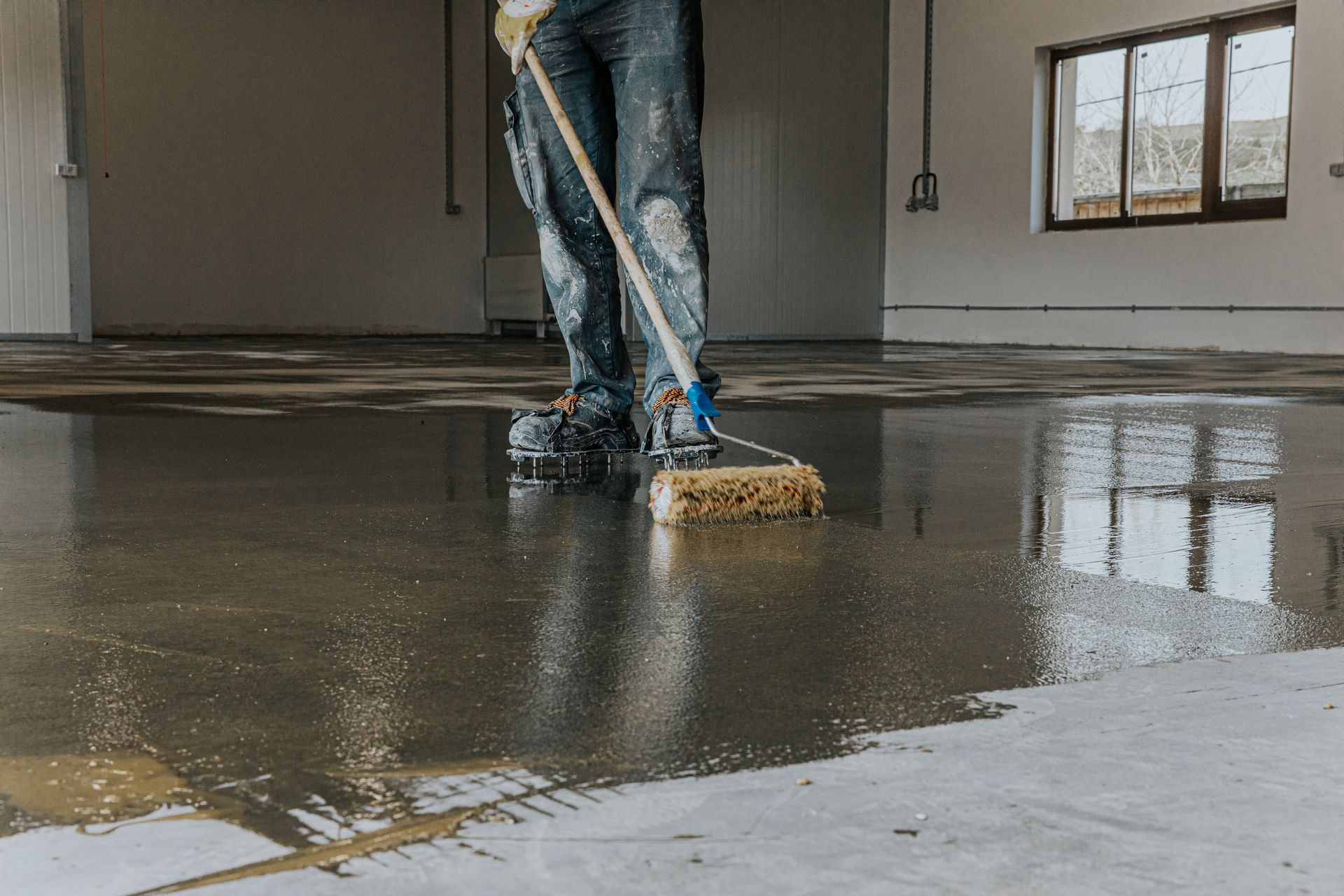 A man is cleaning a concrete floor with a broom.