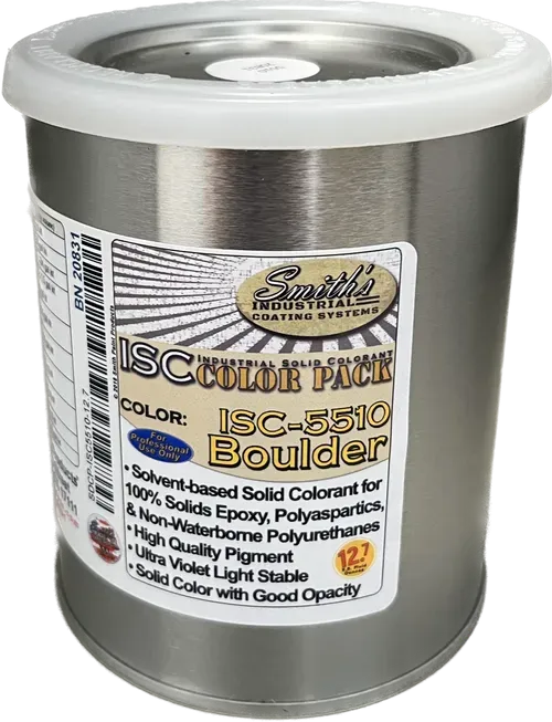 A can of isc 2610 boulder stainless steel paint with a white lid.