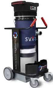 A vacuum cleaner is sitting on a cart on a white background.