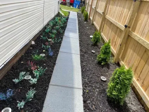 A sidewalk leading to a house with a wooden fence.