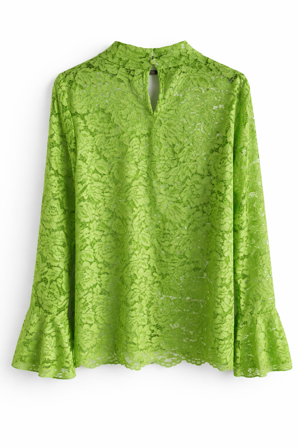 Een fel neon groene, colkraag, lange mouwen, kanten top met uitlopende, gegolfde manchetten.